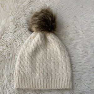 Cream knit beanie hat with fur pom